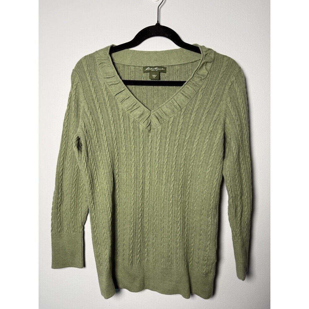 Eddie Bauer Sweater Womens Petite Large Green Knit V Neck Pullover Cotton Cable